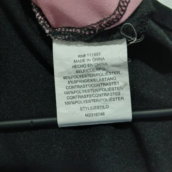 AUW short-sleeved blouse exposed zip-front accent pink/black/cream blocks - Picture 12 of 13